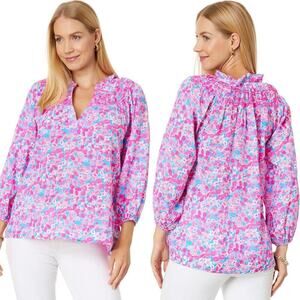 Lilly Pulitzer Lourdes Pink Baby Bloomer Floral 3/4 Sleeve Cotton Blouse Small